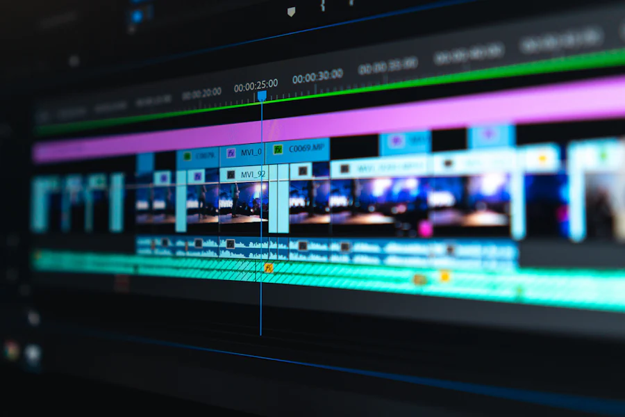 Timeline de montage vidéo affichée sur un écran sombre
