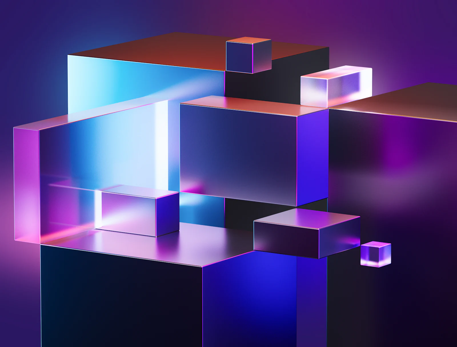 Cubes de verre translucides aux reflets bleus et violets, composition abstraite en 3D
